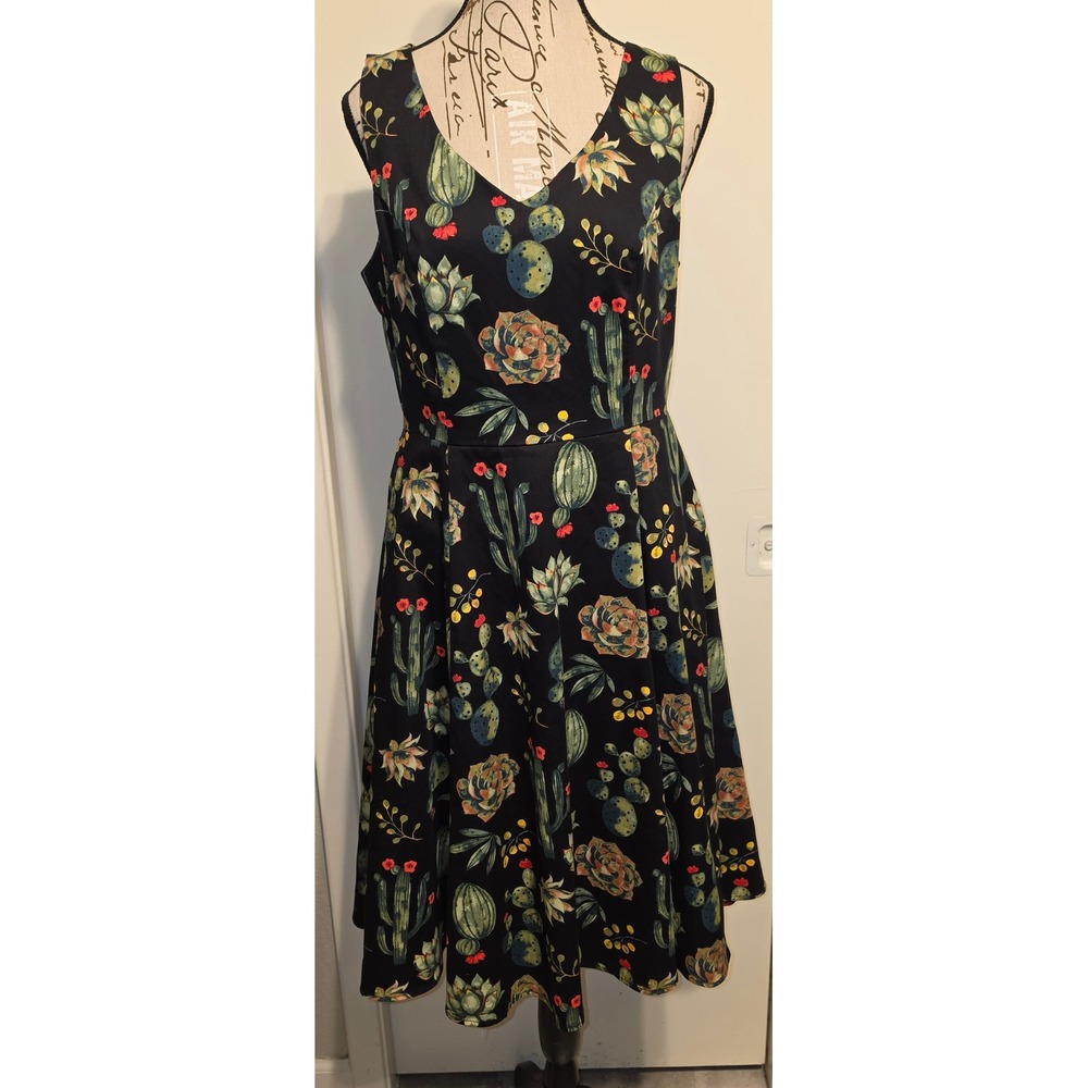 Eva Rose Cactus Succulent Print Fit & Flare Dress Black V-Neck Pockets Retro Lg